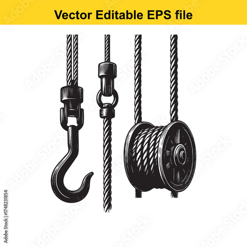 Vector art of closeup of a heavyduty crane hook, pulley system, and thick rope, , vector illustration