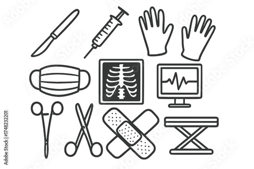 Surgery Doodle Icons. Surgery doodle icon set: hand drawn icons of scalpel, syringe, gloves, mask, x-ray, monitor, clamp, scissors