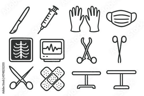 Surgery Doodle Icons. Surgery doodle icon set: hand drawn icons of scalpel, syringe, gloves, mask, x-ray, monitor, clamp, scissors