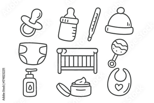 Baby Health Doodles. Baby health doodle icon set: hand drawn icons of pacifier, bottle, thermometer, baby hat, diaper, rattle,