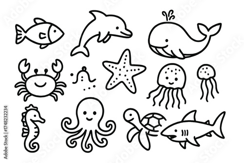 Ocean Animal Doodles. Ocean animals doodle icon set: hand drawn icons of fish, dolphin, whale, crab, starfish, jellyfish, seahorse
