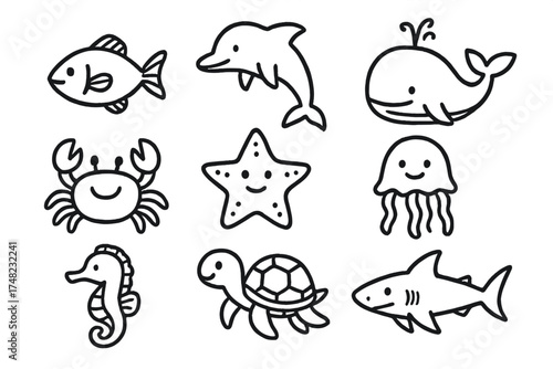 Ocean Animal Doodles. Ocean animals doodle icon set: hand drawn icons of fish, dolphin, whale, crab, starfish, jellyfish, seahorse