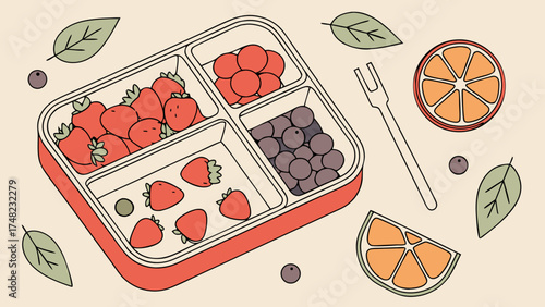 Healthy Lunchbox with Fruits and Berries in Flat Design Style.