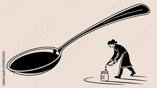 Illustration of a Person Pouring from a Bowl Into a Container with a Large Spoon.