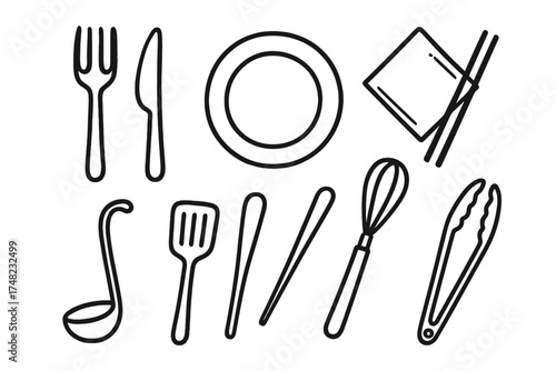 Cutlery Doodle Icons. Cutlery doodle icon set: hand drawn icons of fork, knife, spoon, plate, napkin, chopsticks, ladle, spatula,