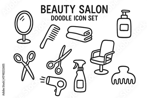 Beauty Tools Doodle Icons. Beauty salon doodle icon set: hand drawn icons of mirror, comb, brush, lotion, towel, scissors, spray,