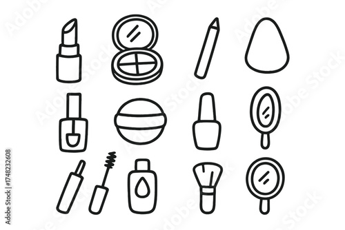 Makeup Doodle Icons. Makeup doodle icon set: hand drawn icons of lipstick, blush, eyeliner, nail polish, powder puff, sponge,