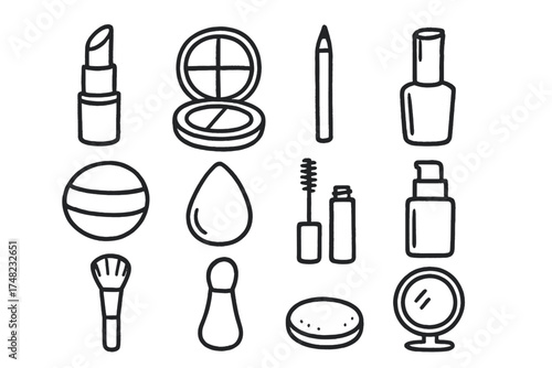 Makeup Doodle Icons. Makeup doodle icon set: hand drawn icons of lipstick, blush, eyeliner, nail polish, powder puff, sponge,