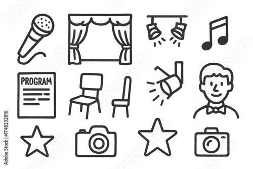 Stage Performance Icons. Stage performance doodle icon set: hand drawn icons of microphone, curtain, stage lights, music note,