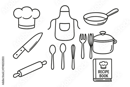 Chef Icon Doodles. Chef profession doodle icon set: hand drawn icons of chef hat, apron, pan, knife, spoon, fork, whisk, pot,