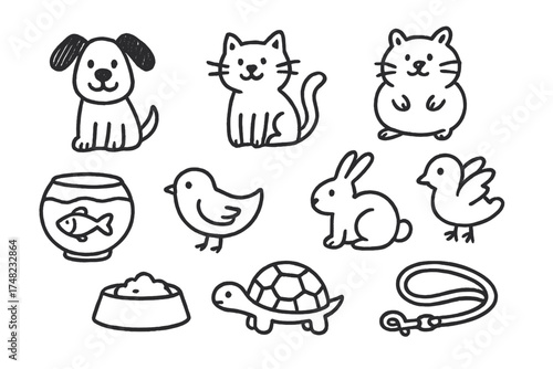 Cute Pet Doodles. Pets doodle icon set: hand drawn icons of dog, cat, hamster, fish, bird, rabbit, turtle, food bowl, paw print,