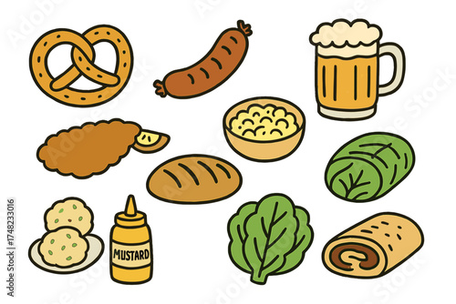 German Food Icons. German food doodle icon set: hand drawn icons of pretzel, sausage, beer mug, schnitzel, bread, potato salad,