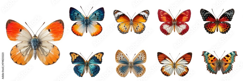 Fototapeta premium Set of Butterflies Isolated on Transparent Background. PNG.