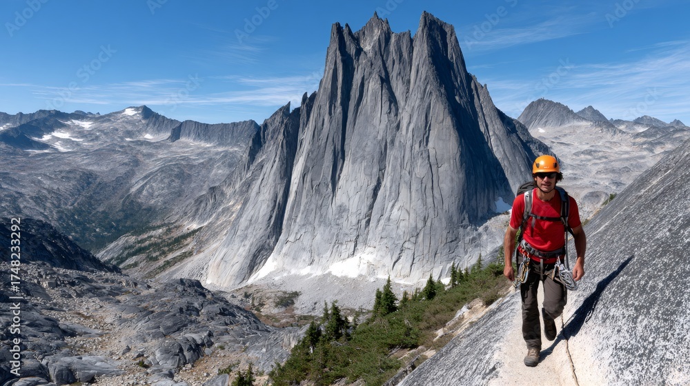 Fototapeta premium Man mountaineering rock climbing in bugaboo provincial park