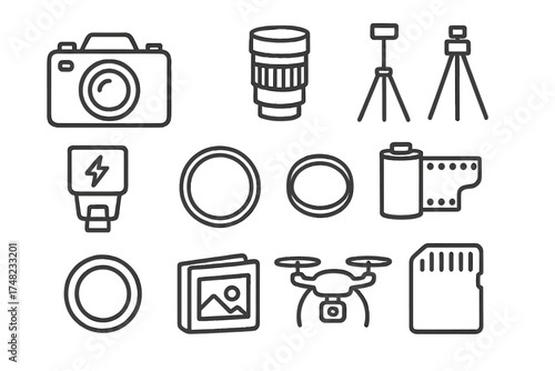 Camera Tech Doodle Icons. Camera tech doodle icon set: hand drawn icons of camera, lens, tripod, flash, filter, photo roll,