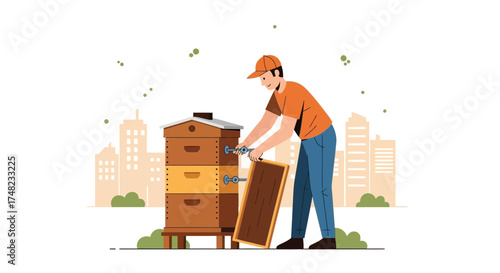 Illustration of a beekeeper tending to a beehive in an urban setting creating honey