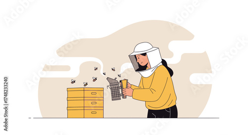 Illustration of a beekeeper working with a beehive, wearing protective gear and using a bee smoker