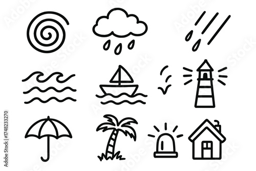 Hurricane Icon Doodles. Hurricane doodle icon set: hand drawn icons of spiral, cloud, rain, waves, boat, lighthouse, umbrella,