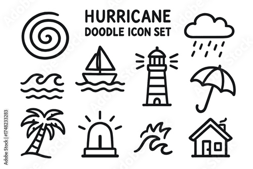 Hurricane Icon Doodles. Hurricane doodle icon set: hand drawn icons of spiral, cloud, rain, waves, boat, lighthouse, umbrella,