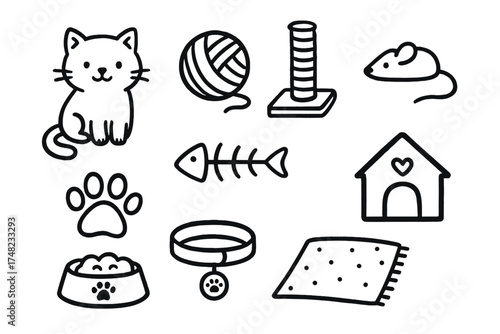 Cat Doodle Icons. Cats doodle icon set: hand drawn icons of kitten, yarn ball, scratching post, mouse toy, fishbone, food bowl,