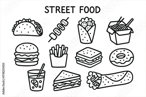 Street Food Icon Set. Street food doodle icon set: hand drawn icons of taco, kebab, falafel, noodles, burger, fries, sandwich,