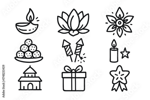 Diwali Doodle Icons. Diwali doodle icon set: hand drawn icons of diya lamp, lotus, rangoli, sweets, firecrackers, candle, temple,