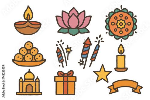 Diwali Doodle Icons. Diwali doodle icon set: hand drawn icons of diya lamp, lotus, rangoli, sweets, firecrackers, candle, temple,