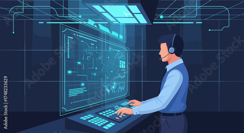 Illustration of a control room operator managing complex systems using advanced technology interface