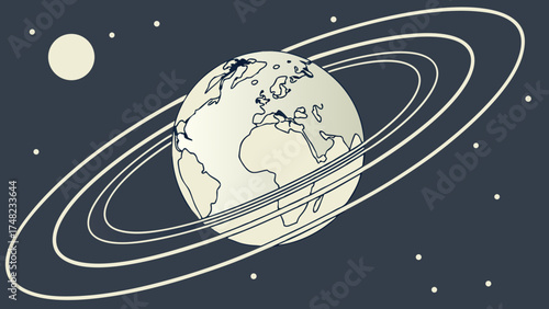 Globe with rings and celestial bodies in vector style.
