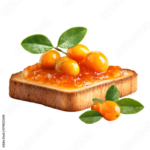 Kumquat marmalade on toast, white isolated background