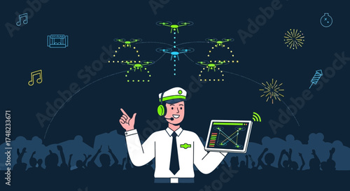 Illustration of a drone show controlled by a pilot for an excited audience at night