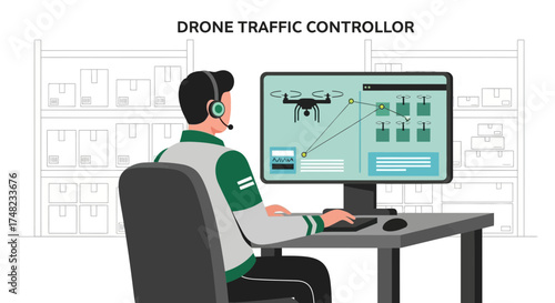 Illustration of a drone traffic controller managing drones in a warehouse environment
