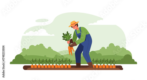 Illustration of a farmer harvesting carrots on a farm with a field backdrop during daytime