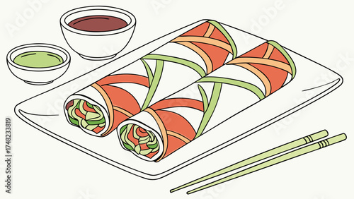 Hand-drawn Illustration of Two Spring Rolls Served with Dipping Sauces and Chopsticks.