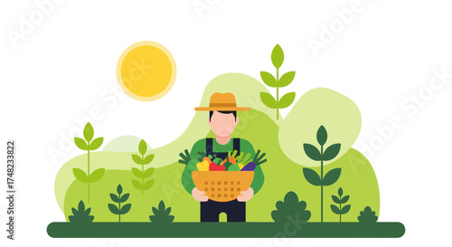 Illustration of a farmer holding a basket full of vegetables in a lush green field