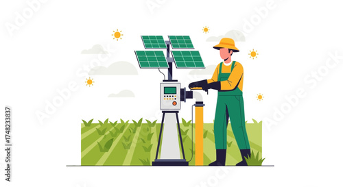 Illustration of a farmer operating a solar-powered irrigation system in a field showcasing