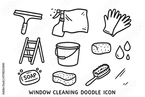 Window Cleaning Icons. Window cleaning doodle icon set: hand drawn icons of squeegee, spray bottle, cloth, gloves, ladder, bucket,