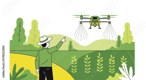 Illustration of a farmer using a drone for precision agriculture in a field application