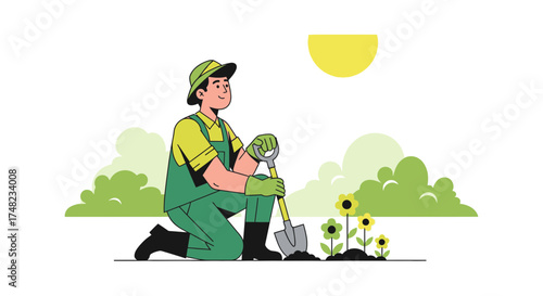 Illustration of a gardener planting flowers under the warm sunlight with a shovel and wearing gloves