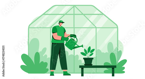 Illustration of a gardener watering plant in a greenhouse, nurturing growth and care for plants in
