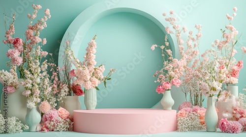Pastel floral display podium, spring aesthetic, empty stage