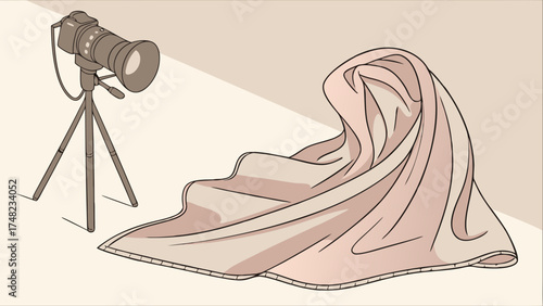 Photographic setup with a camera and draped cloth.