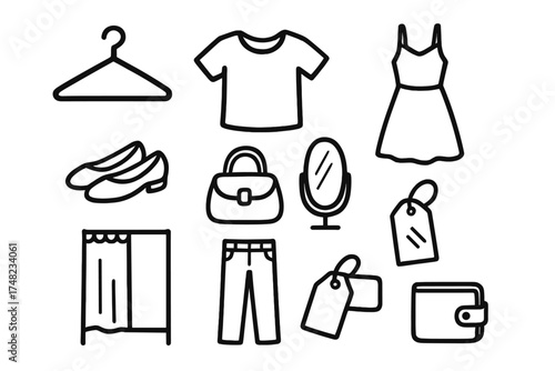 Clothing Store Icons. Clothing store doodle icon set: hand drawn icons of hanger, shirt, dress, shoes, bag, mirror, fitting room,