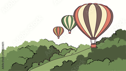 Hot Air Balloons Over Green Landscape Vector Illustration.