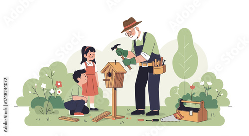 Illustration of a grandfather building a birdhouse with his grandchildren in the garden