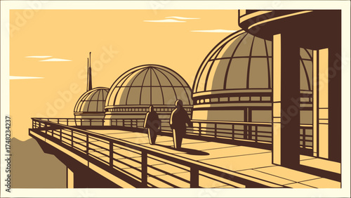 Retro Architectural Illustration Figures on a Terrace.