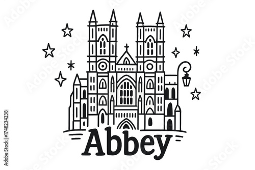 Westminster Abbey Doodle. Doodle westminster abbey london with stars, spires, and lanterns, center word “Abbey” in black and white