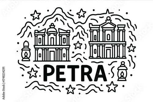 Petra Doodle with Stars. Doodle petra jordan with stars, temples, and lanterns, center word “Petra” in black and white isolated