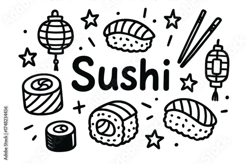 Doodle Sushi Art. Doodle sushi rolls with stars, chopsticks, and lanterns, center word “Sushi” in black and white isolated