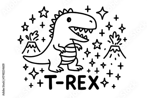 T-Rex Doodle Extravaganza. Doodle tyrannosaurus rex with stars, volcanoes, and sparkles, center word “T-Rex” in black and white